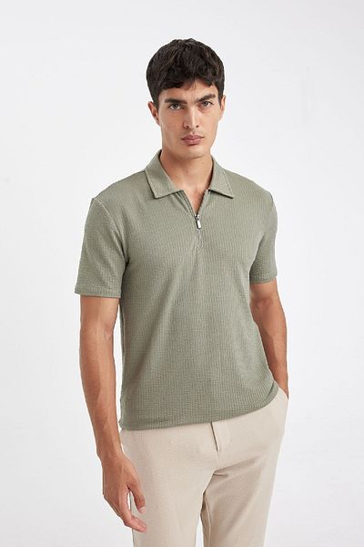DeFacto Slim Fit polo tričko s polovičním zipem - mačkané, krátký rukáv D6478ax24hs