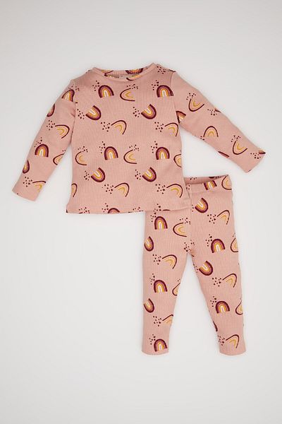 DeFacto Baby-Mädchen-Pyjama-Set mit Regenbogen-Aufdruck, langärmlig, gerippt, 2-teilig, D6801a5ns