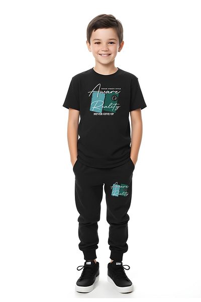 FYK KİDS Boy's Give up Text Printed Summer Top-Bottom Set