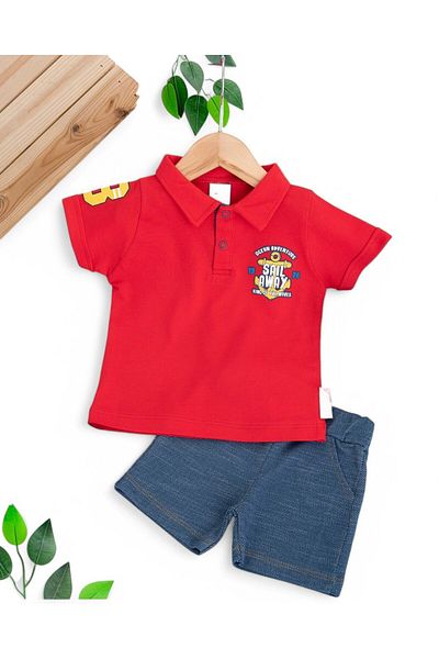 voyyo kids baby Baby Boy Summer Polo Collar Soft Denim Shorts 6-9-12-18-24 Months Baby Set