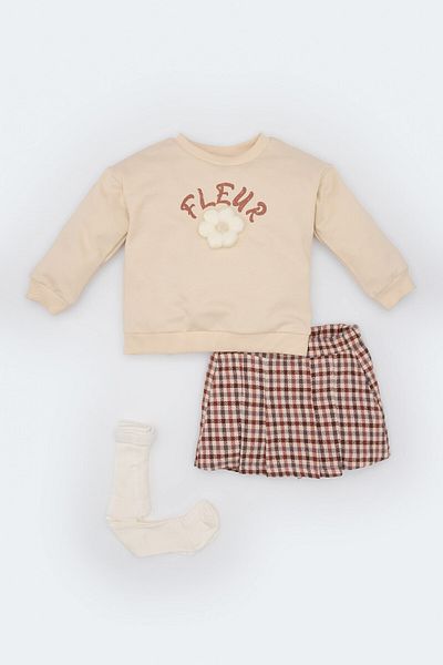 DeFacto Baby Girl 3 Piece Set Crew Neck Printed Sweatshirt Elastic Waist Checkered Skirt Socks D5545A524Wn
