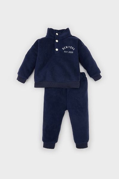 DeFacto 2-teiliges Set für Babys, Jungen, Stehkragen, Knopfleiste, bedrucktes Fleece-Sweatshirt, Jogginghose D5936a524wn