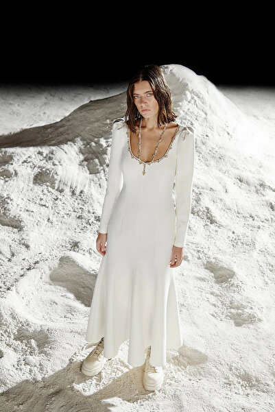 cercis Havuz Yaka Taş İşleme Uzun Elbise