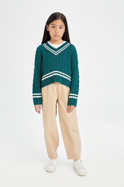 DeFacto Girl's V-Neck Hair Braided Knitwear Sweater D6760A8Ns