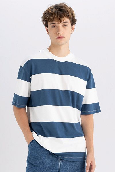 DeFacto Anthracite Box Fit Crew λαιμόκοψη ριγέ βαμβακερό κοντομάνικο μπλουζάκι D5595ax24au
