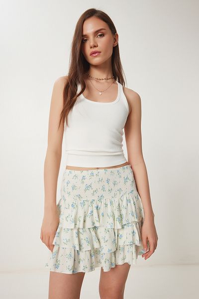 Lovelyİstanbul Fusta mini de vară cu volan floral BLUE CREAM LUB0103