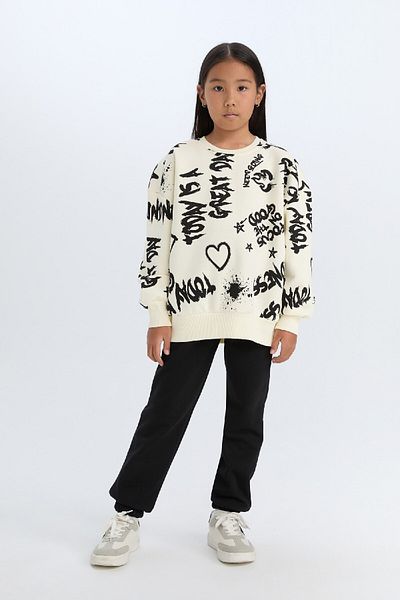 DeFacto Set aus gemustertem Sweatshirt und Jogginghose für Mädchen – dickes Rundhalsausschnitt, elastische Taille, D4871a824wn