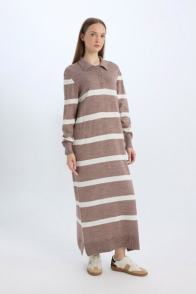 DeFacto Regular Fit Maxikleid mit Polokragen, geknöpft, gestreift, langärmlig, D6523AXNS