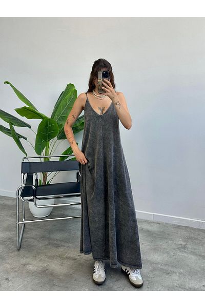 BRGCLOTHING Rochie de vară cu bretele spălate antracit pentru femei – potrivire confortabilă, lungă, stil vintage