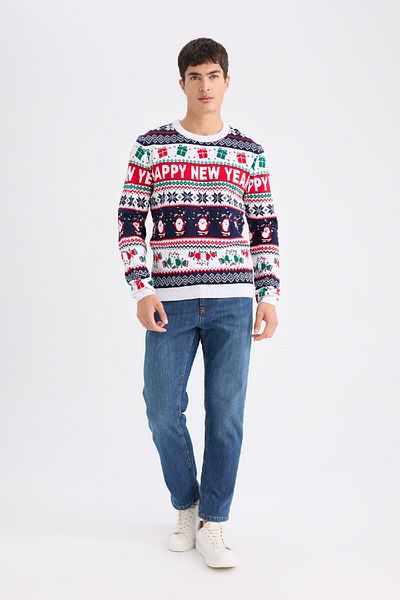 DeFacto Standard Fit Christmas Themed Crew Neck Knitwear Sweater D5489Ax24Wn