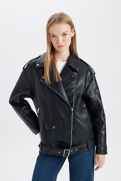 DeFacto B1 wasserabweisende Lederjacke, Mantel, Übergröße, breiter, zweireihiger Kragen, Reißverschlusstaschen, saisonal