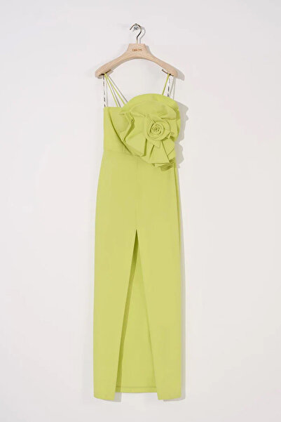 cercis Drape Gül Detaylı Önden Yırtmaçlı Elbise