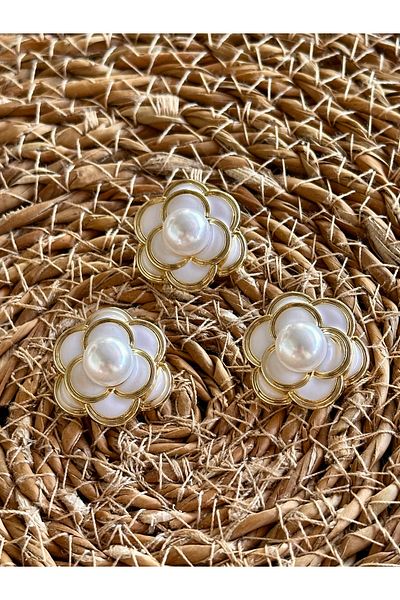 ODDA TASARIM ATÖLYESİ New Summer Collection White Flower Model Pearl 3-Piece Button Set (2.5 cm)