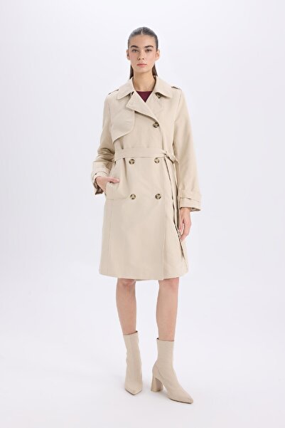 DeFacto Regular Fit Tuxedo Collar Long Trench Coat with Belt Pockets D6524Ax25Sp