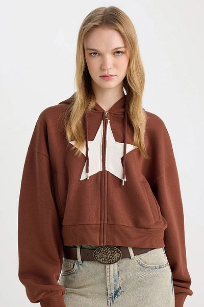DeFacto Thick Kangaroo Pocket and Zippered Hooded Printed Sweatshirt 3166465