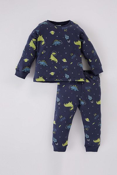 DeFacto Baby-Pyjama-Set für Jungen – Dinosaurier-Druck, Rundhalsausschnitt, lange Ärmel, Ober- und Unterteil-Set D5347A524WN