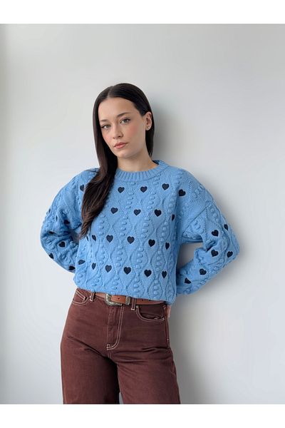 Retrobird Pulover de damă tricot scurt brodat cu inimă albastră