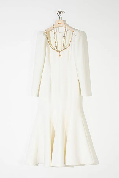 cercis Havuz Yaka Taş İşleme Uzun Elbise