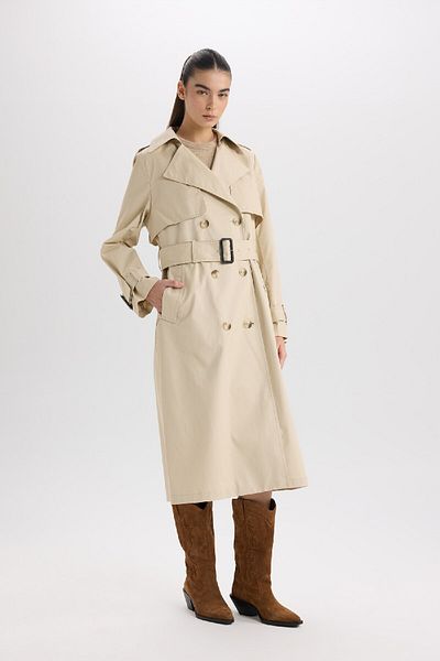 DeFacto Long Trench Coat Double Breasted Neckline Button Pocket with Belt Epaulettes D5755Ax