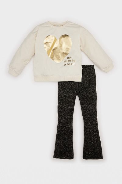 DeFacto Baby Girl 2-Piece Set Crew Neck Shiny Heart Printed Sweatshirt Flared Leg Leggings D6256A524Wn