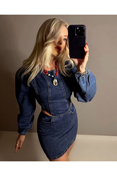 handeozbekcollection Sırtı Fermuarlı Yanları Açık Detay Denim Elbise