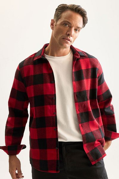DeFacto Flanelová polokošile s dlouhým rukávem – Lumberjack Fit, kostkovaný límec D7191Axns