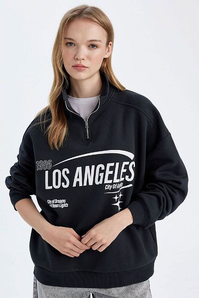 DeFacto Anthracite Stand Collar Printed Thick Fabric Sweatshirt - Half Zipper, Loose Fit D7013Ax24Wn