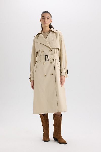 DeFacto Long Trench Coat Double Breasted Neckline Button Pocket with Belt Epaulettes D5755Ax