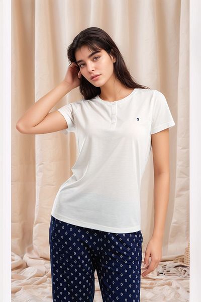 Pierre Cardin Set pijamale din viscoză cu model alb cu mâneci scurte pentru femei Q9P0K5C4K