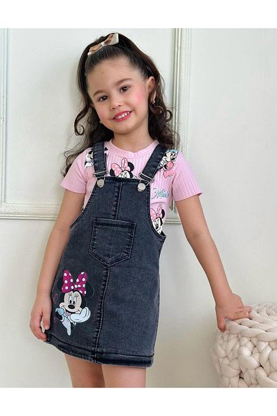 LİLLYPİCCA Girl's Ribbed Patterned Tshirt - Floral Embroidered Denim Salopet Set with Skirt
