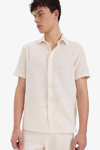 DeFacto New Season 100% Cotton Regular Fit Polo Collar Linen Look Summer Short Sleeve Shirt