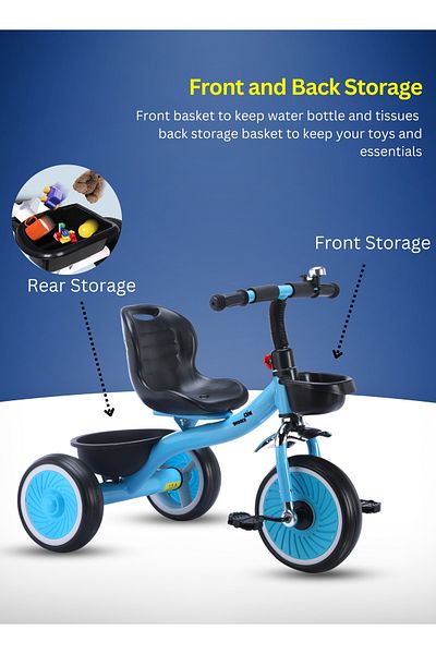 MG Tricycle for Kids with Front & Rear Basket, Bell and Color Wheels for Boys and Girls 2 to 6 Years