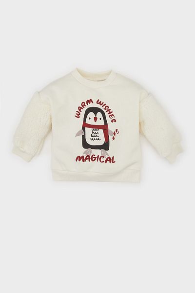 DeFacto Baby Girl Crew Neck Christmas Themed Soft Furry Inside Sweatshirt D6229A524Wn