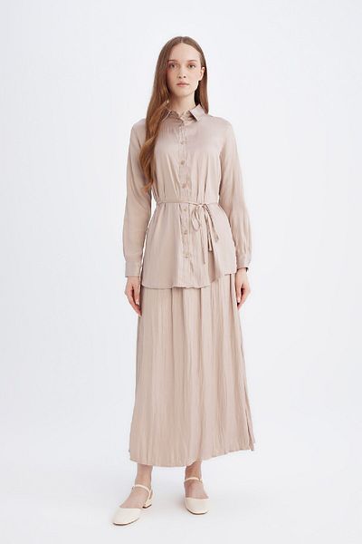 DeFacto Relax Fit Satin Shirt Tunic - Lace-Up Waist, Long Sleeve, Shirt Collar D7202Ax24Wn