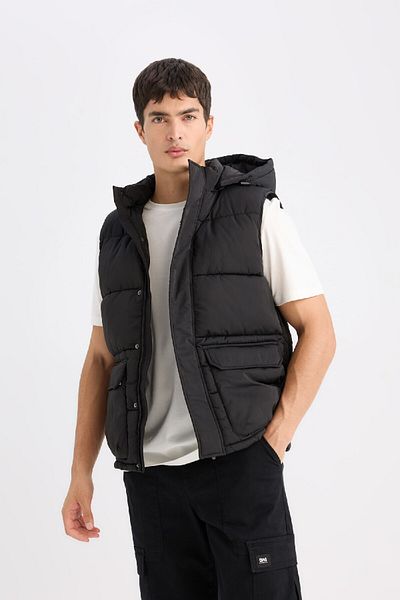 DeFacto Κουκούλα Regular Fit Puffer Γιλέκο - Με φερμουάρ και τσέπη D6285ax25sp