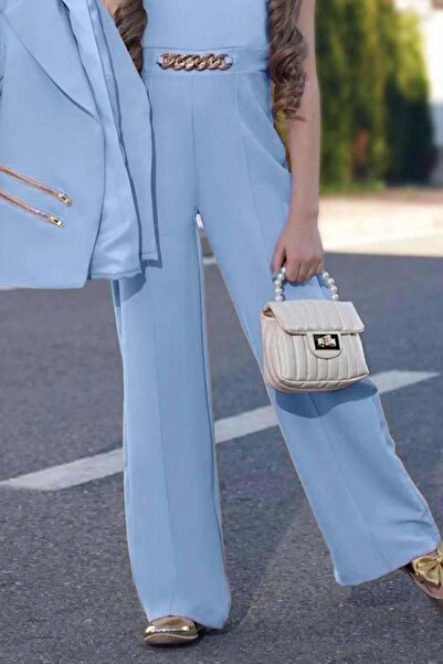 Riccotarz Girl's Blazer Jacket and Chain Detailed Ice Blue Jumpsuit