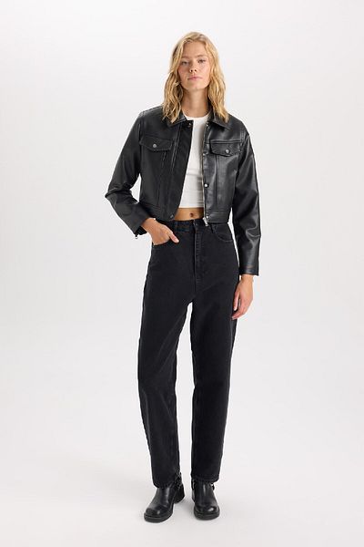 DeFacto Faux Leather Coat with Polo Neck Pocket Zip Snap Fastener - D5774Ax25Sp