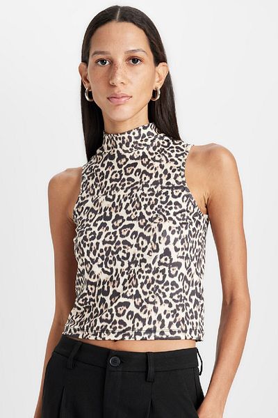 DeFacto Slim Fit Tank Top με μισό ζιβάγκο Leopard Print - D5542ax24au