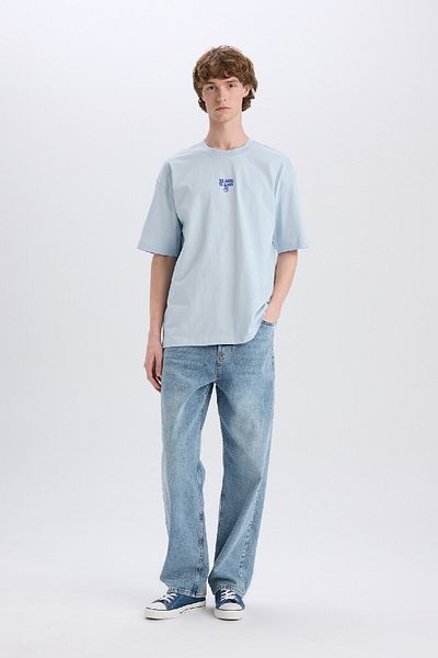 DeFacto Tricou cu mânecă scurtă, 100% bumbac, supradimensionat, cu croială largă, cu decolteu și spate, imprimat D7277ax25sp