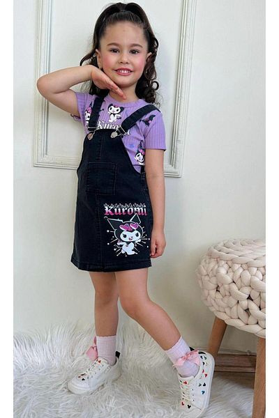 LİLLYPİCCA Girl's Ribbed Patterned Tshirt - Floral Embroidered Denim Salopet Set with Skirt
