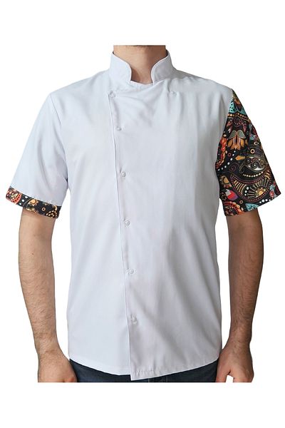 Ant Rotagrup Üniforma ve İş Elbiseleri Unisex Chef Kitchen Jacket - Mandala Patterned Summer Short Sleeve with Snap Fasteners