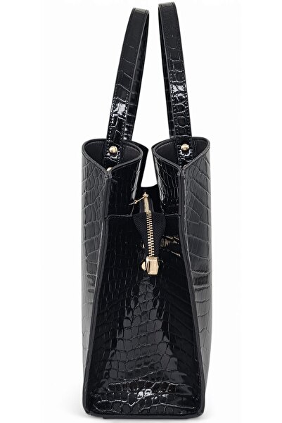 Evident Black Crocodile Patterned Bucket Model Double Strap Women's Shoulder Bag