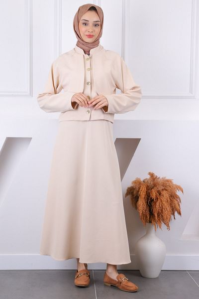 İmajButik Κρεμ μπουφάν με κουμπιά μπροστά με φούστα