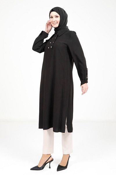 Beyza Black Hijab Tunic with Epaulets 9340