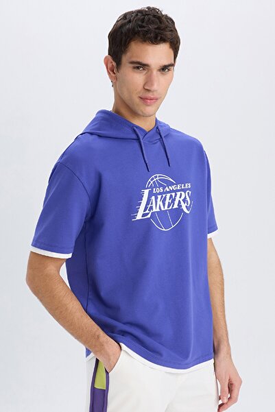 DeFacto Fit Nba Los Angeles Lakers Oversize Geniş Kalıp Kapüşonlu Sırt Baskılı Kısa Kollu Tişört B389