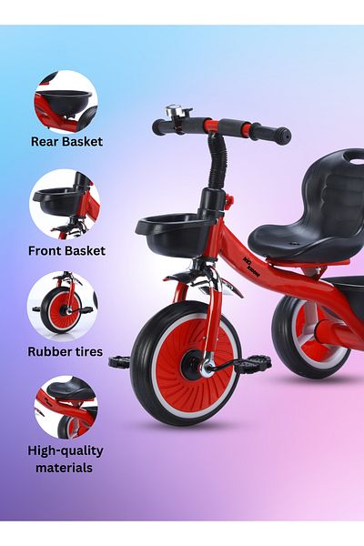 MG Tricycle for Kids with a Front & Rear Basket, Bell and Color Wheels for Boys & Girls for 2 to 6 Y