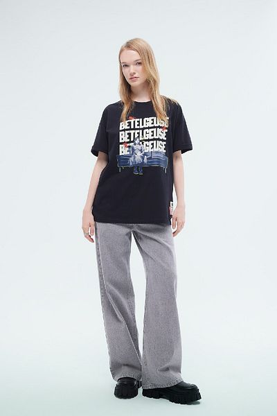 DeFacto Μπλουζάκι με στάμπα Beetlejuice Oversize - Crew Neck, κοντό μανίκι D8093ax24au