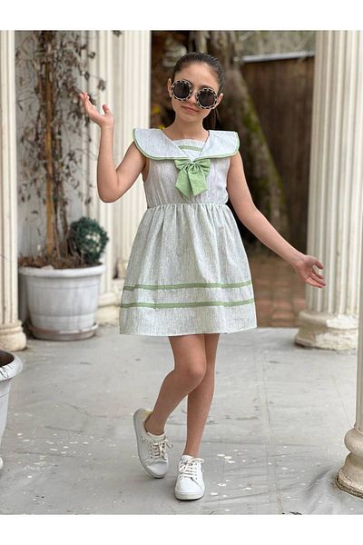 SNSA MODA Stylish Girl's Dress with Bow Detail 100% Cotton - (It Is Recommended to Take One Size Larger)