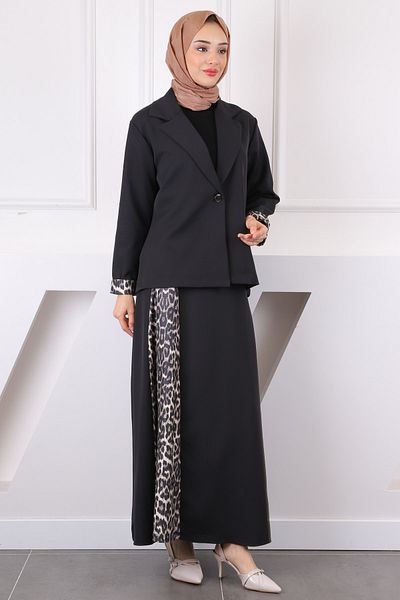 İmajButik Κοστούμι με φούστα με μαύρο λεοπάρ σχέδιο