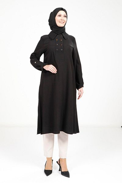 Beyza Black Hijab Tunic with Epaulets 9340